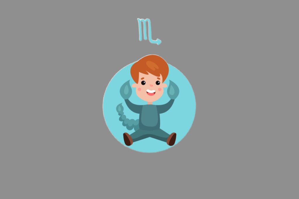 Ilustração do signo de Escorpião, contendo um menino com roupa azul e cauda de escorpião, sorrindo e sentado sobre fundo azul