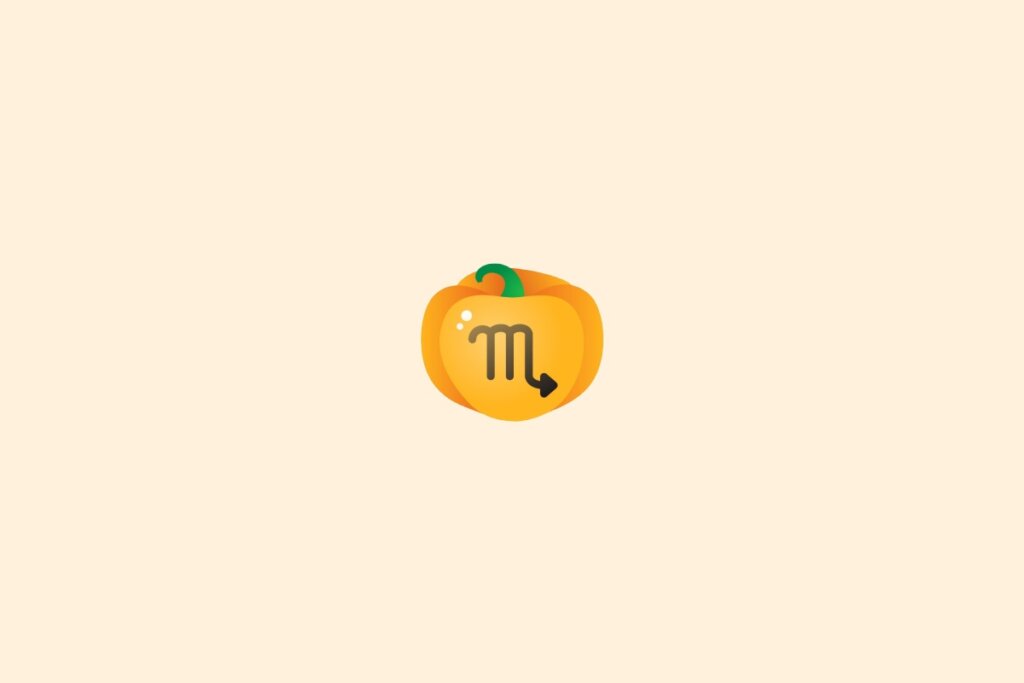 Ilustração do signo de escorpião dentro de uma abóbora sobre um fundo laranja-claro