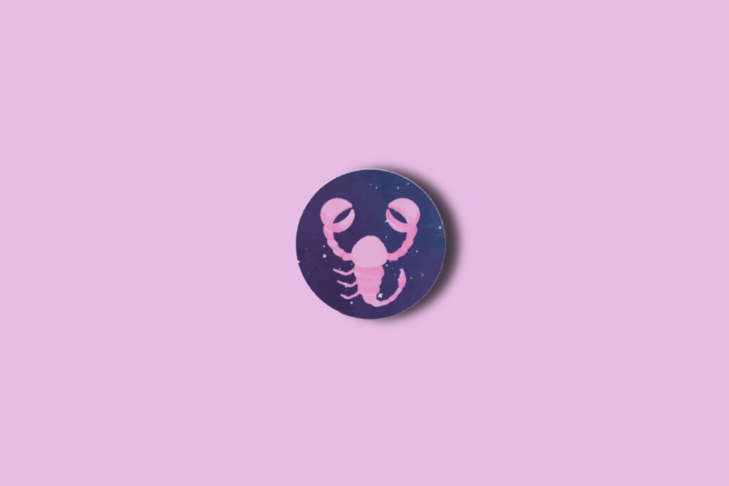Ilustração do signo de escorpião em um círculo azul com estrelas e sobre um fundo rosa