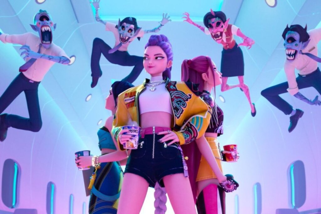 Animação de três mulheres lutando contra demônio em "Guerreiras Do k-Pop: Para Cantar Junto"