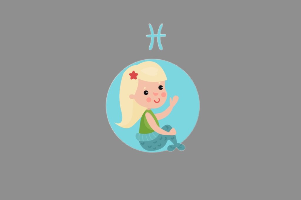Ilustração do signo de Peixes, contendo uma menina loira com rabo de peixe azul e blusa verde, sorrindo e acenando