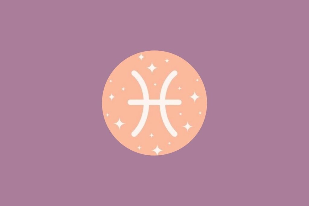 Ilustração do signo de peixes em um círculo rosa claro com estrelas e em um fundo roxo