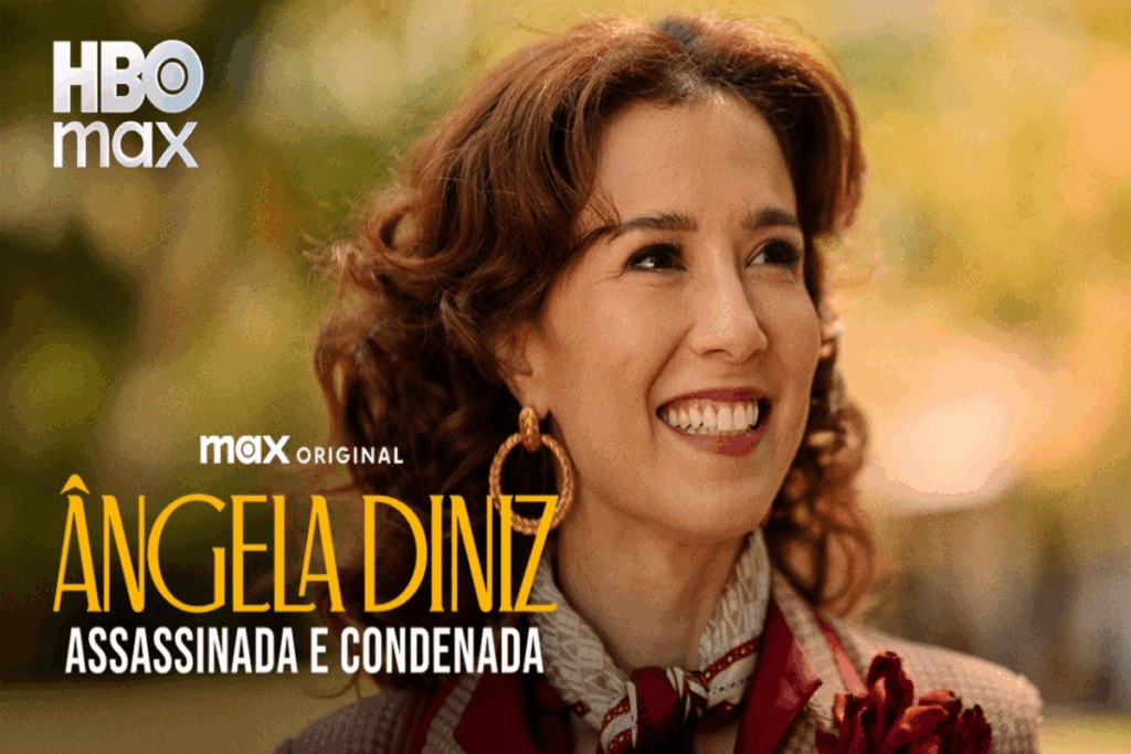 Imagem de uma mulher com o cabelo curto, cacheado, sorrindo e ao lado o nome da série escrito em amarelo e branco
