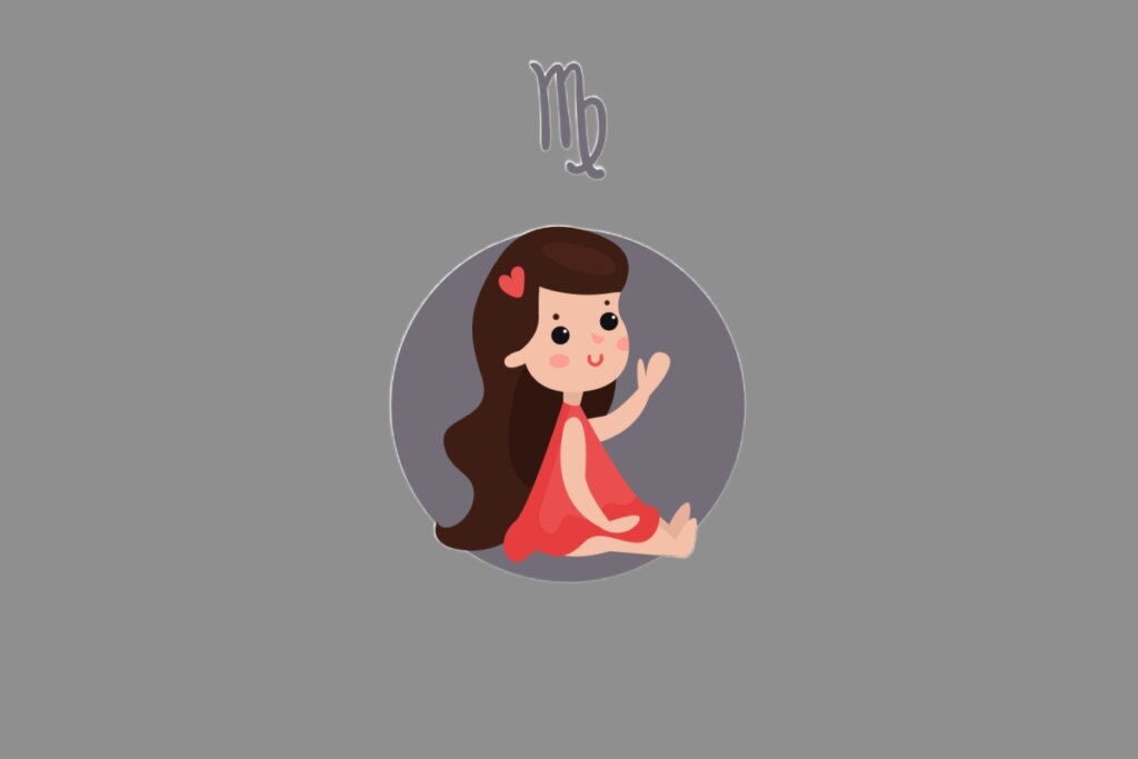 Ilustração do signo de Virgem, contendo uma menina de cabelo longo e castanho, com vestido rosa e detalhe em formato de coração no cabelo