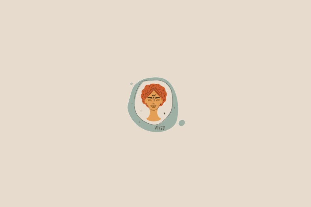 Ilustração do signo de virgem em um fundo bege-claro. Ao redor dele, há um círculo verde-claro e pequenas bolhas