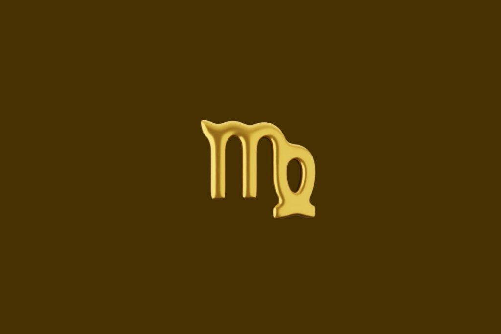 Ilustração do símbolo do signo de Virgem dourado em um fundo marrom