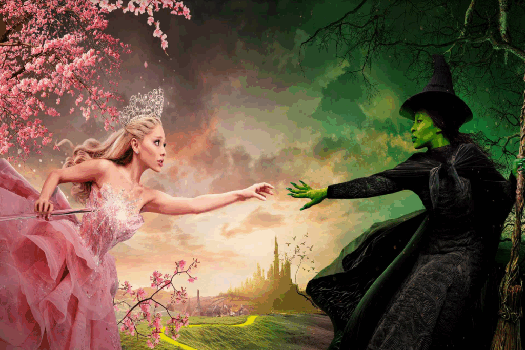 Duas mulheres se estendem uma para a outra — uma com vestido rosa e coroa, outra com pele verde e roupa escura — em paisagem colorida de fantasia
