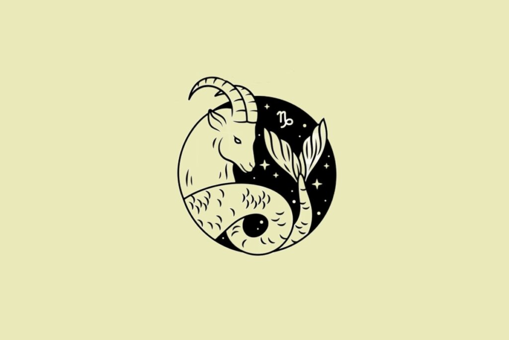 Ilustração do signo de Capricórnio em preto sobre um fundo amarelo