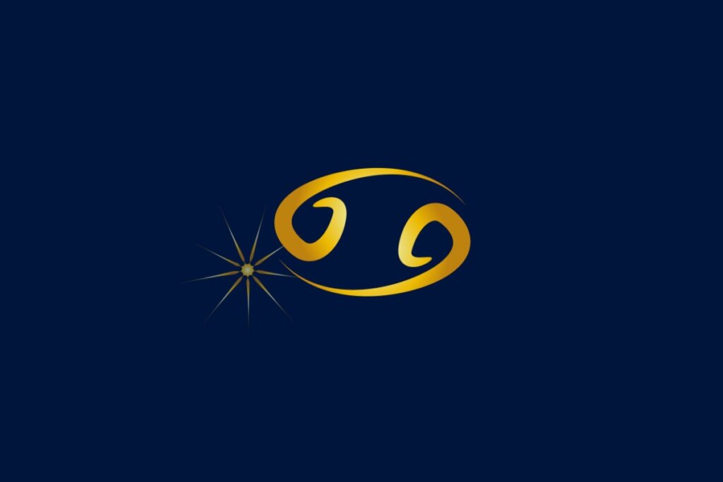 Ilustração do signo de Câncer, mostrando um símbolo dourado com 6 e 9 deitados em direções opostas, acompanhados de estrela brilhante, em fundo azul-escuro