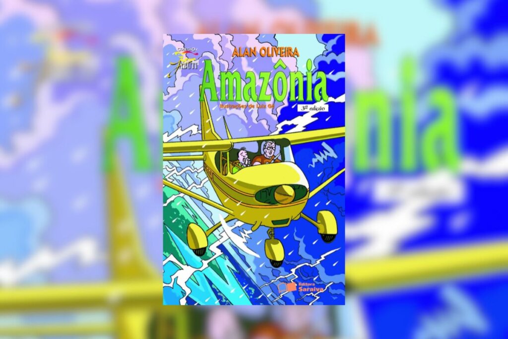 Capa do livro "Amazônia", com a ilustração de um avião amarelo, com dois homens dentro, sobrevoando a floresta