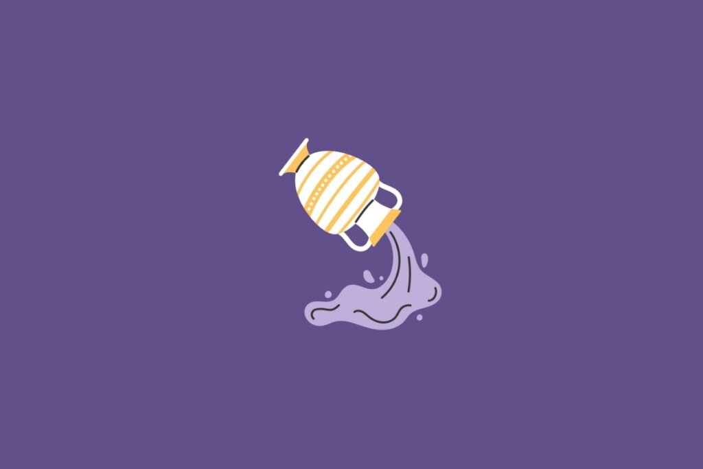 Ilustração de uma ânfora com água saindo dela, representando o signo de aquário, em um fundo roxo-escuro 