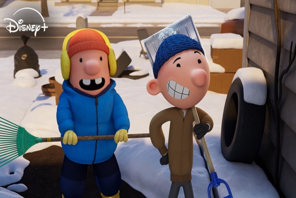 Cena animada com dois personagens infantis em ambiente externo com neve