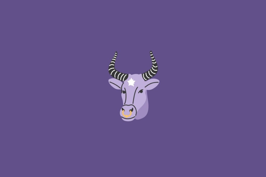 Ilustração de um touro, representando o signo de touro, em um fundo roxo-escuro 