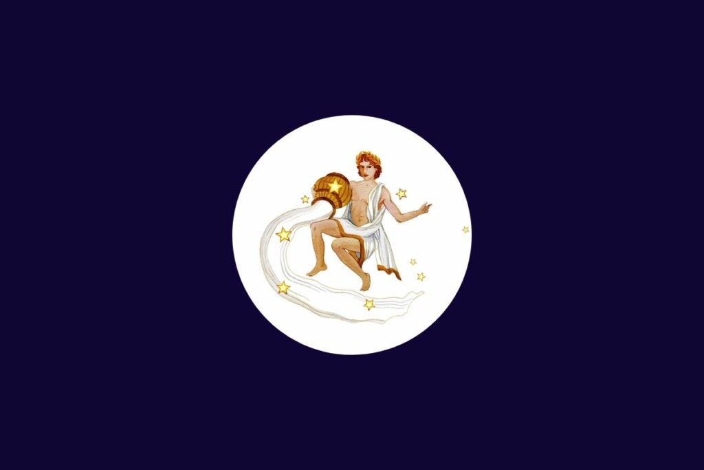 Ilustração do signo de aquário em um círculo branco sobre um fundo azul-escuro