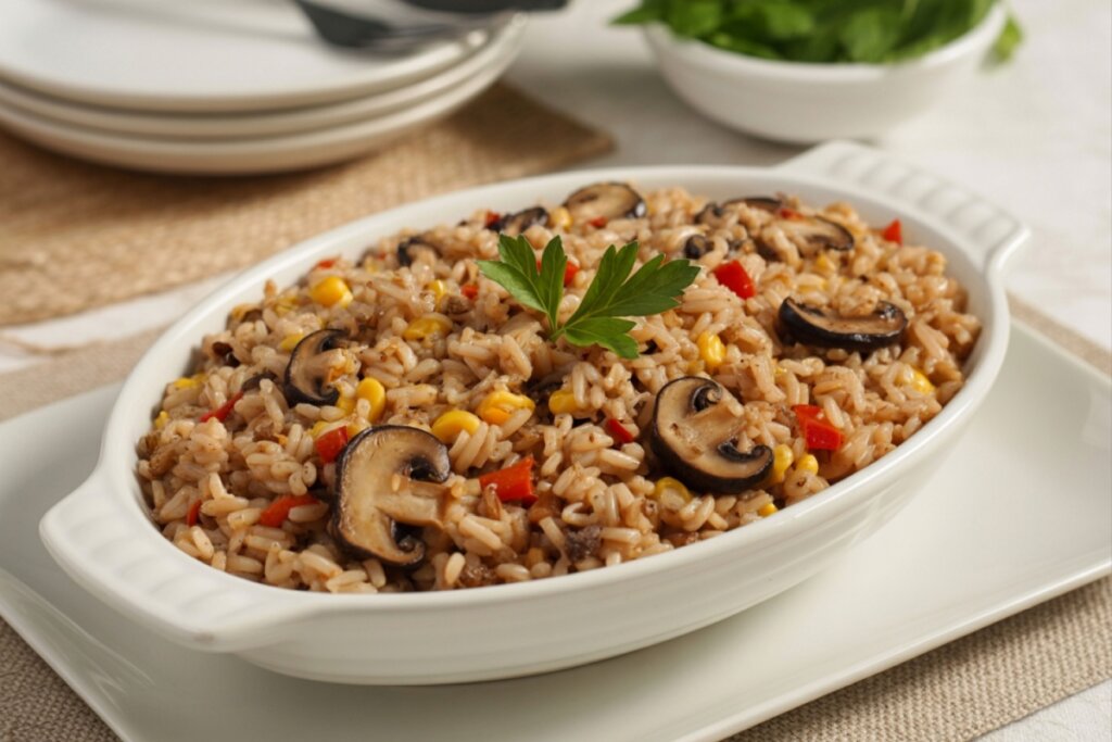 Arroz de forno com cogumelo servido em travessa branca de cerâmica em cima de mesa de madeira