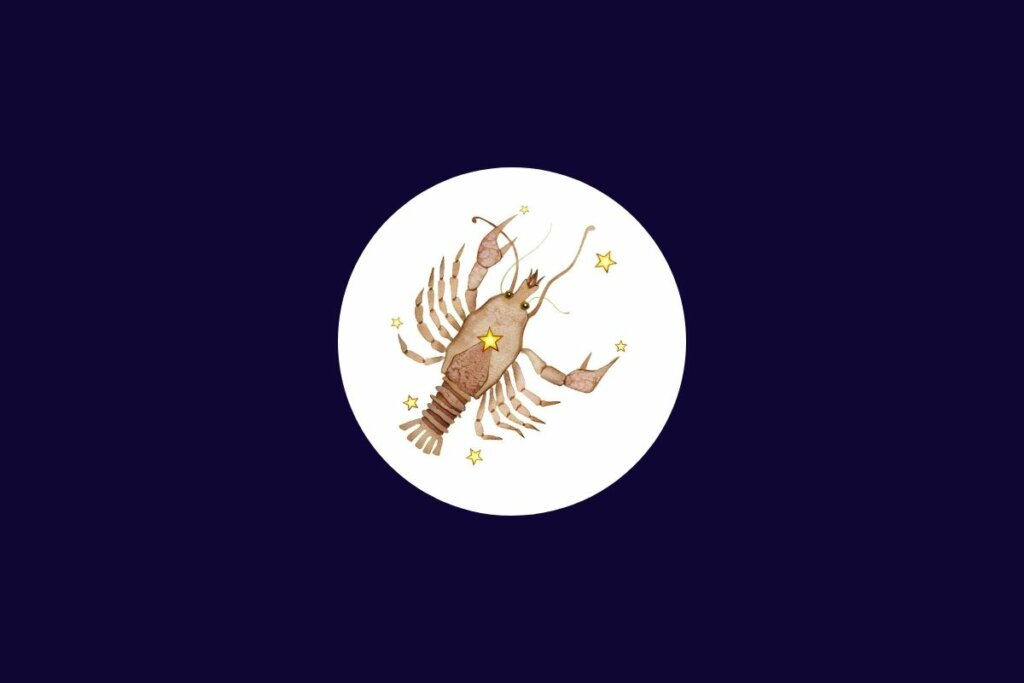 Ilustração do signo de câncer em um círculo branco sobre um fundo azul-escuro