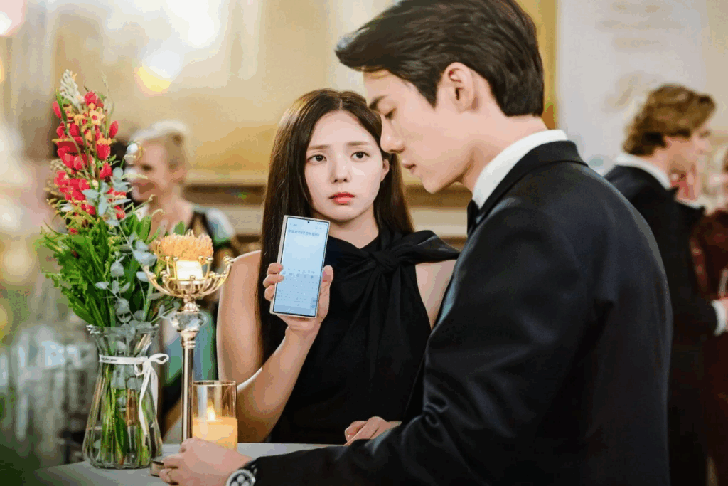 Imagem de uma mulher com cabelo longo e preto, usando vestido preto com um celular na mão, mostrando o celular para um homem que tem o cabelo curto, está usando terno preto, camisa branca e gravata borboleta preta que está olhando para baixo em salão de festas