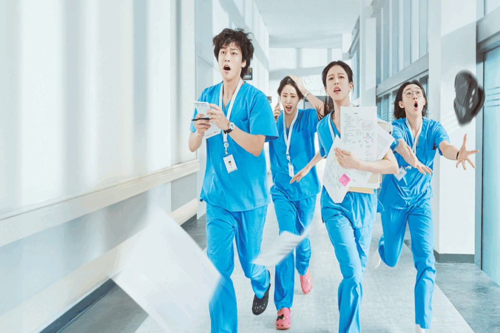Imagem de um grupo de jovens correndo em corredor de hospital usando roupas de hospital azuis, cada um deles com expressões preocupadas e com algo na mão e papéis e um sapato preto voando