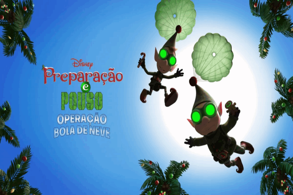 Ilustração com dois elfos pousando de paraquedas verde e usando óculos em verde neon com céu azul e o titulo do filme ao lado escrito em verde e vermelho
