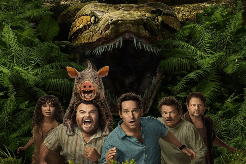 Grupo de pessoas correndo na floresta, um deles com um porco amarrado na cabeça e atrás imagem de uma cobra gigante