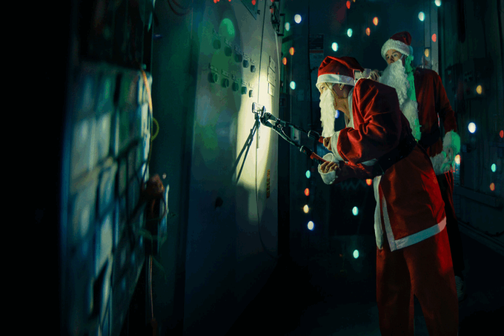 Imagem de dois jovens verstidos de papai noel no escuro tentando arrombar uma porta