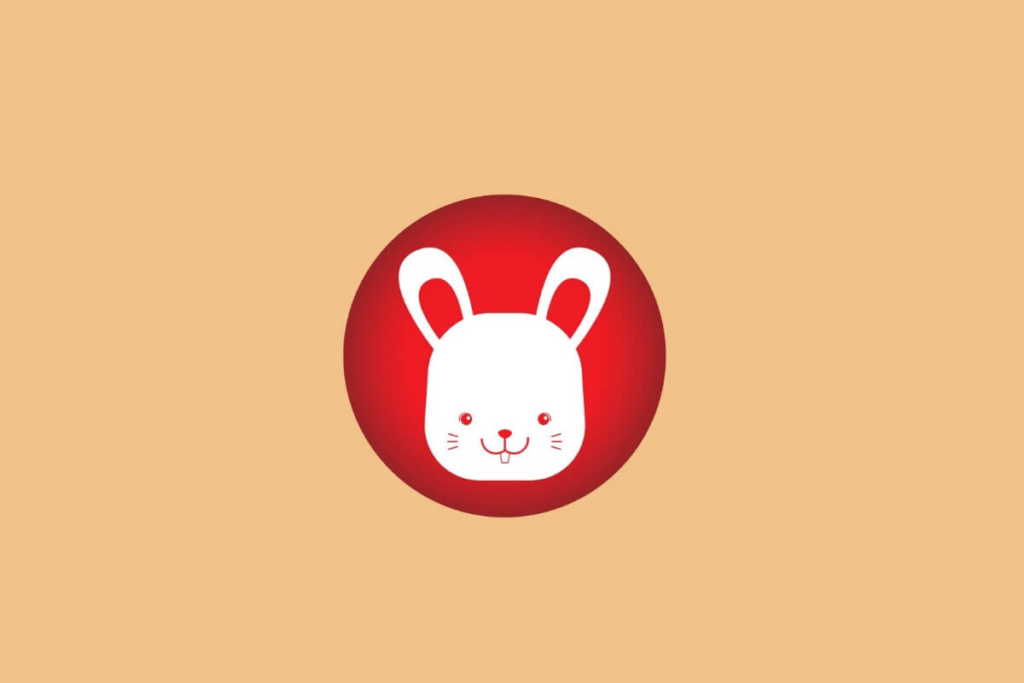 ilustração de um coelho branco sobre círculo vermelho em fundo laranja