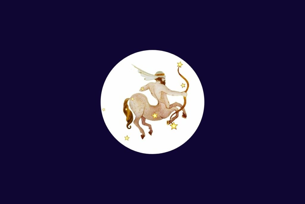 Ilustração do signo de sagitário em um círculo branco sobre um fundo azul-escuro