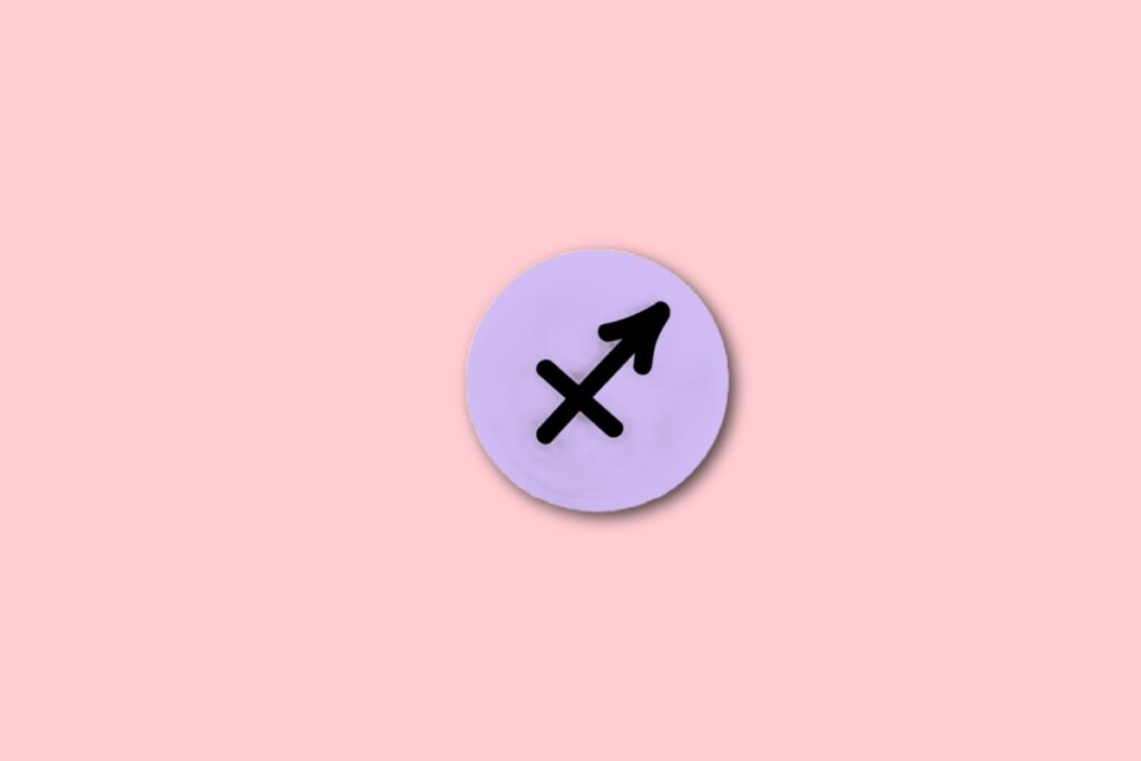 círculo lilás com ilustração preta do símbolo do signo de sagitário  sobre fundo rosa