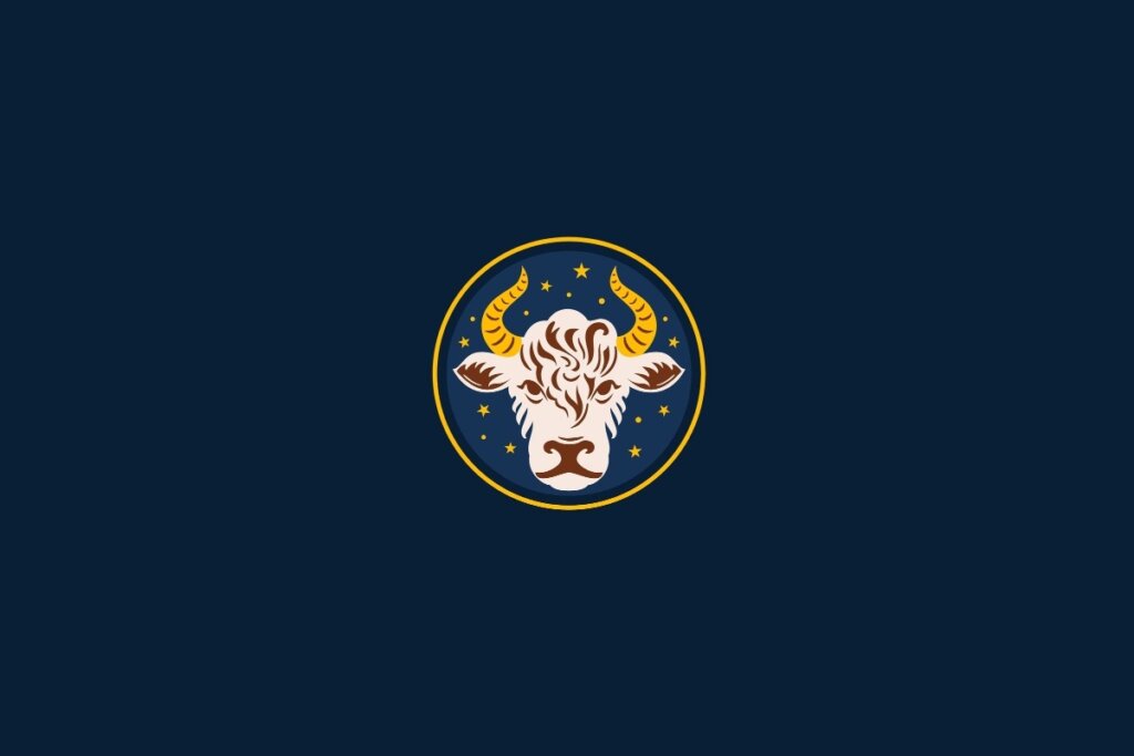 círculo amarelo com ilustração de touro representando o signo de touro com estrelas amarelas em volta