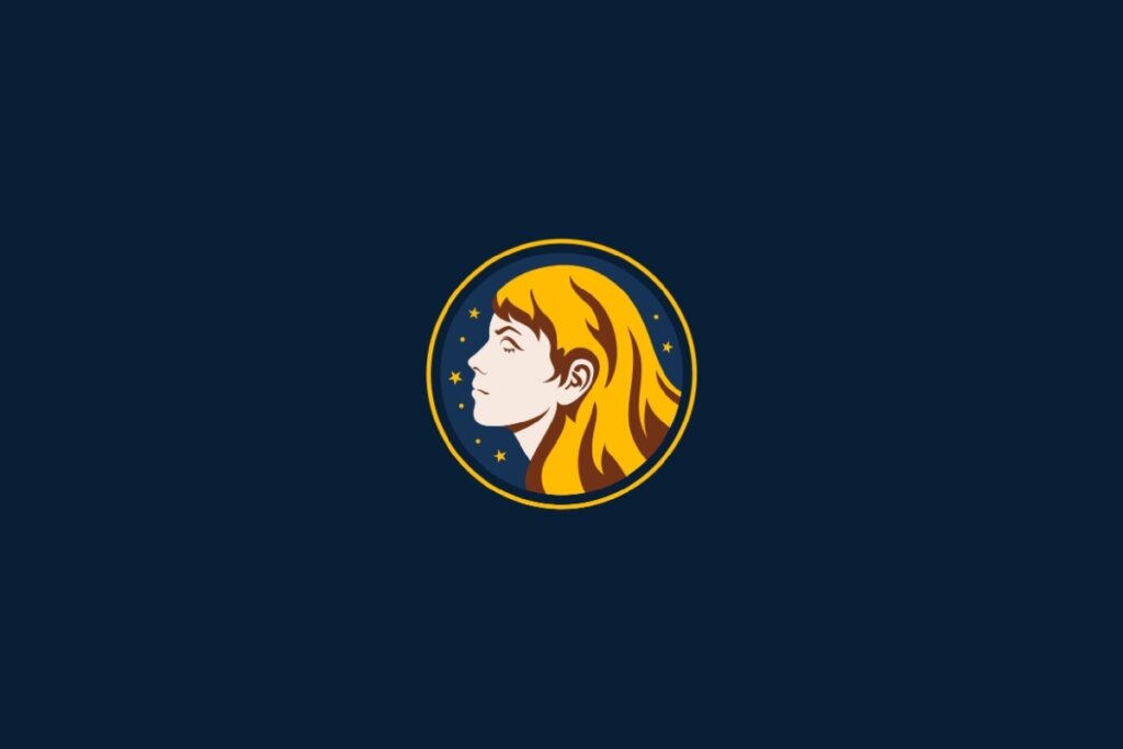 círculo amarelo com ilustração de mulher loira representando o signo de virgem com estrelas amarelas em volta