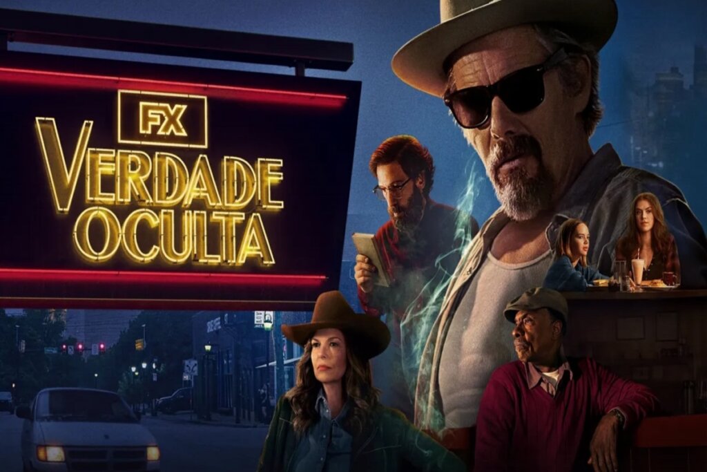 Montagem com personagens reunidos em composição visual diante de placa luminosa com palavras "Verdade Oculta"