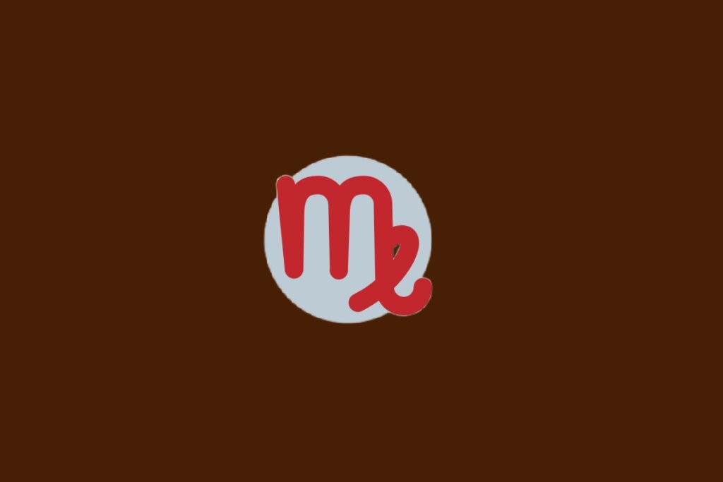 Ilustração do signo de Virgem, com símbolo vermelho parecido com a letra “M” com curva final, sobre fundo cinza e marrom-escuro