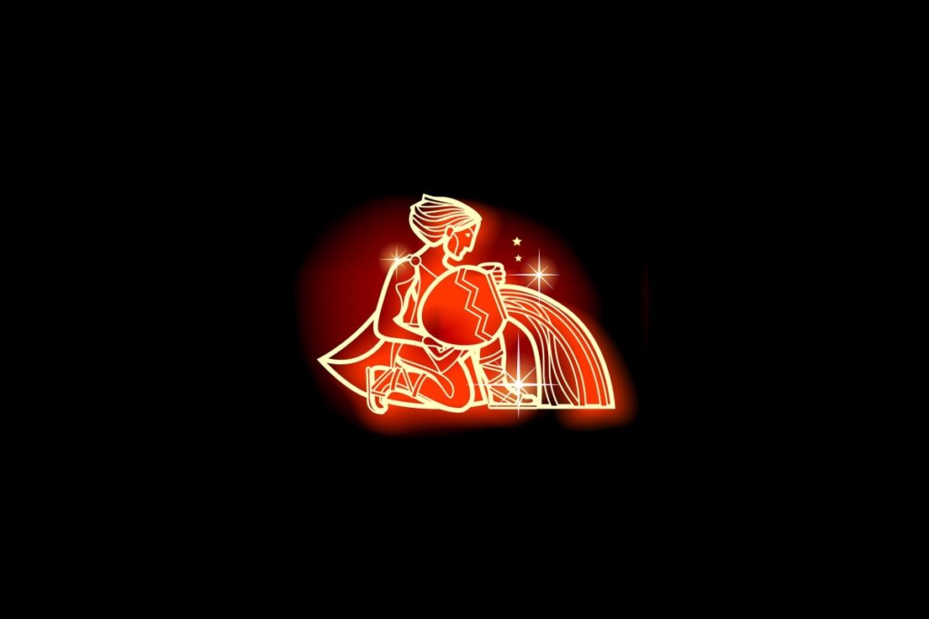 Ilustração em vermelho neon do signo de Aquário em um fundo preto 
