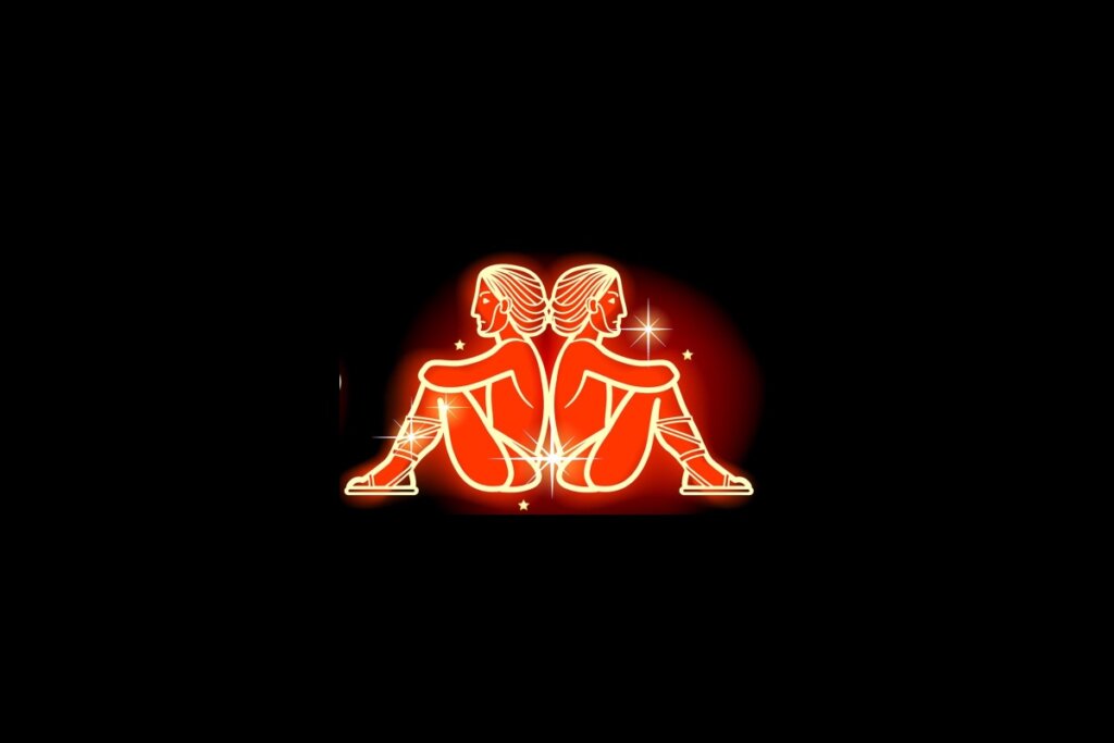 Ilustração em vermelho neon do signo de Gêmeos em um fundo preto 
