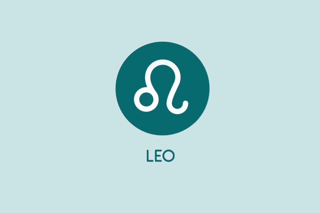 Ilustração do signo de Leão, contendo o símbolo com linha curva e extensão lateral em um círculo sobre fundo verde-claro