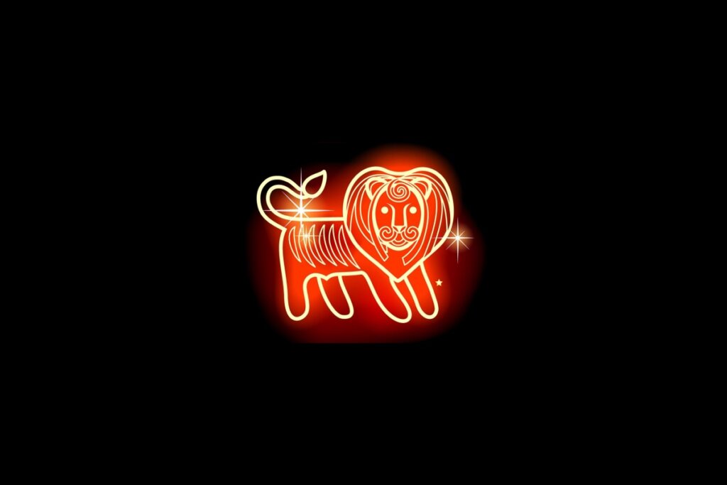 Ilustração em vermelho neon do signo de Leão em um fundo preto 