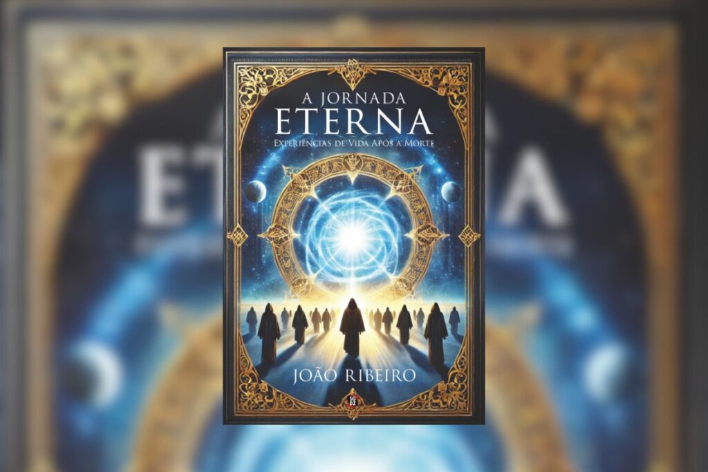 Capa do livro "A Jornada Eterna", com a ilustração de pessoas andando em um chão branco e um círculo iluminado na cor azul ao fundo 