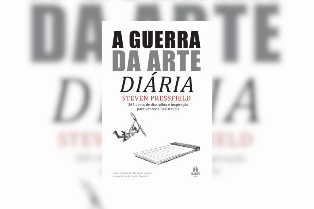 Capa do livro “A guerra da arte diária”, na cor branca, com o nome em preto e a ilustração de um homem voando e segurando uma caneta