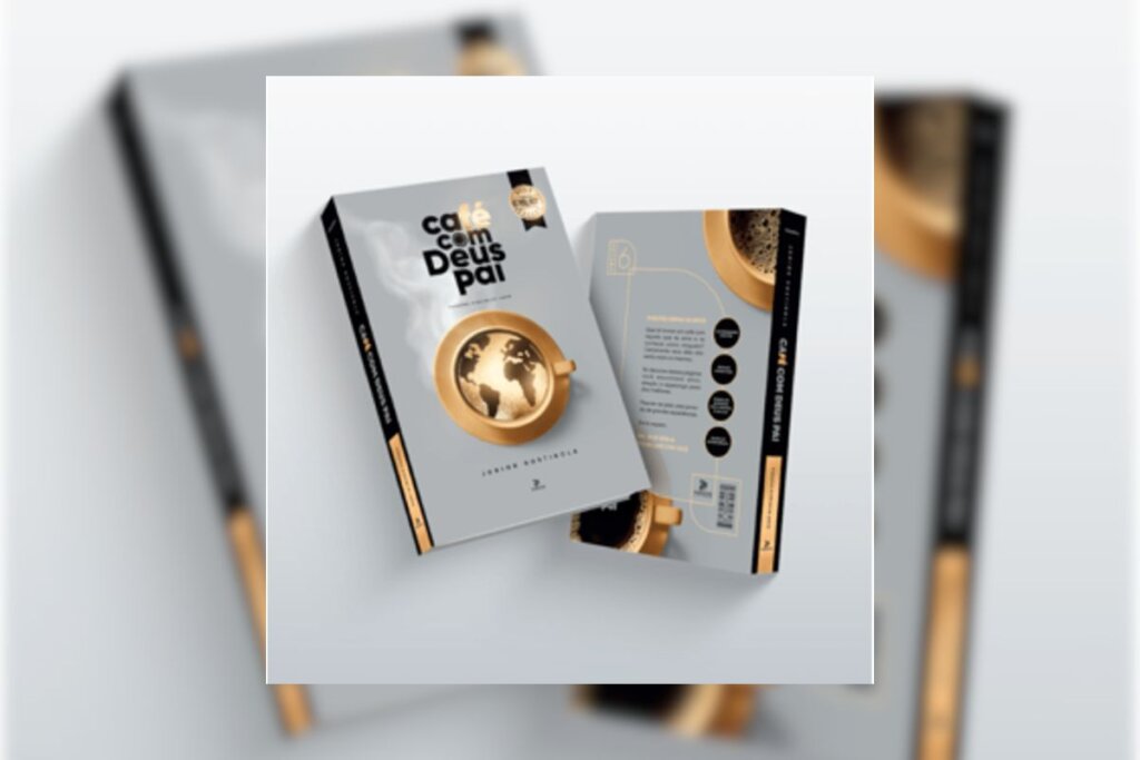 Foto do livro "Café com Deus Pai" em frente e verso em um fundo branco 