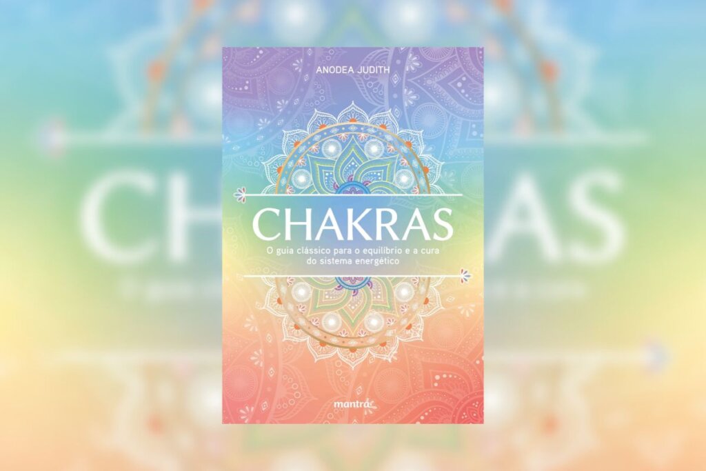 Capa do livro "Chakras", com fundo colorido e mandalas  