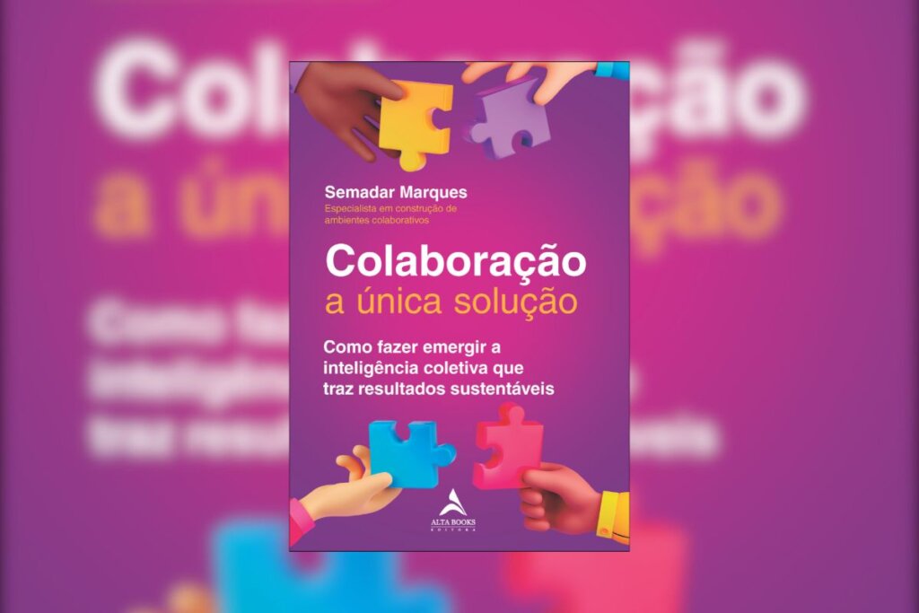 Capa do livro "Colaboração: a única solução", na cor rosa e com a ilustração de quebra-cabeças abaixo 