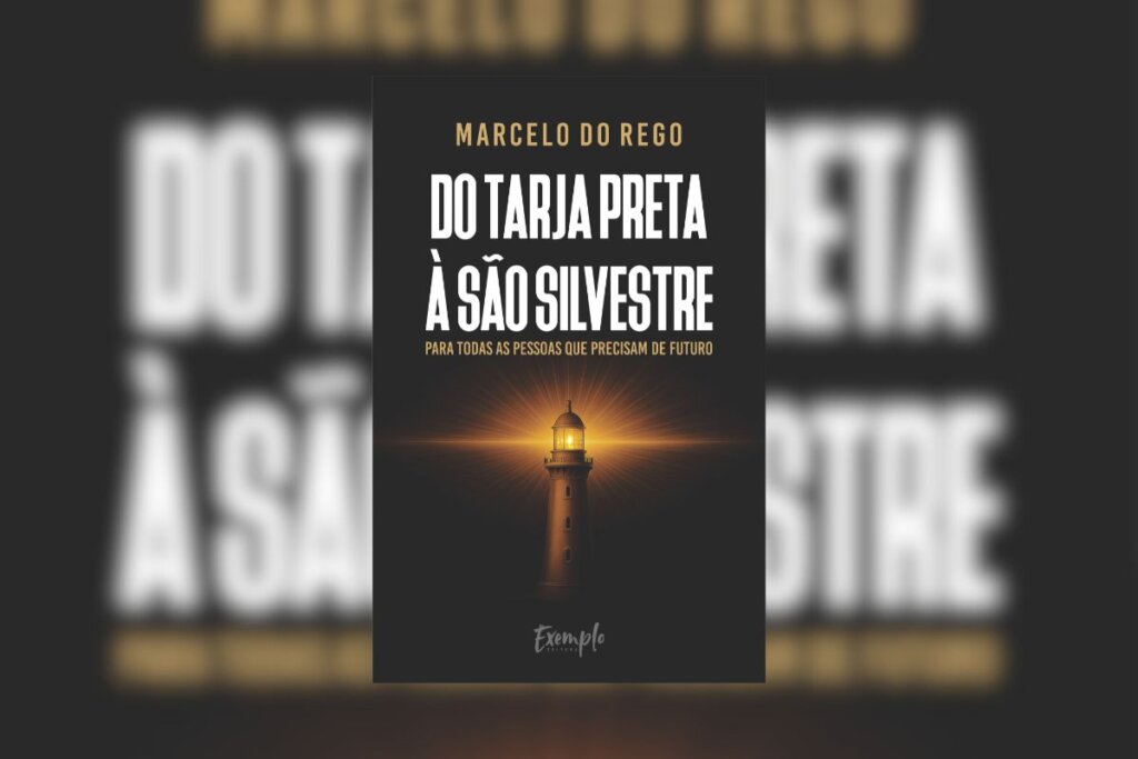 Capa do livro "Do Tarja Preta à São Silvestre", com um farol em um fundo preto e o nome do livro em branco no topo 