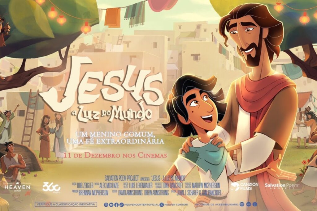 Cartaz da animação “Jesus – A Luz do Mundo” exibindo um menino ao lado de Jesus em uma vila, com o título em destaque e a data de estreia