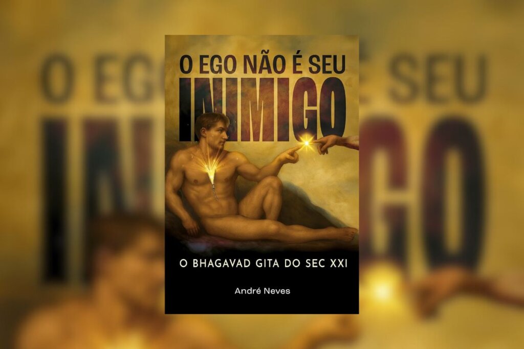 Capa do livro "O Ego não é seu Inimigo", com um homem nu sentado e esticando as mãos para alcançar outra, como em "A Criação de Adão", de Michelangelo