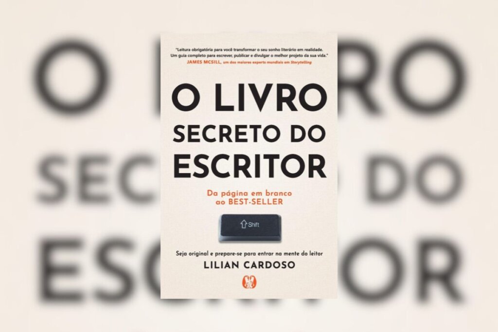 Capa do livro "O Livro Secreto do Escritor", com o nome escrito em um fundo bege-claro e um botão de shift em baixo 
