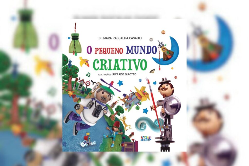 Capa do livro “O pequeno mundo criativo”, com a ilustração do globo terrestre, árvores e bonecos ao redor