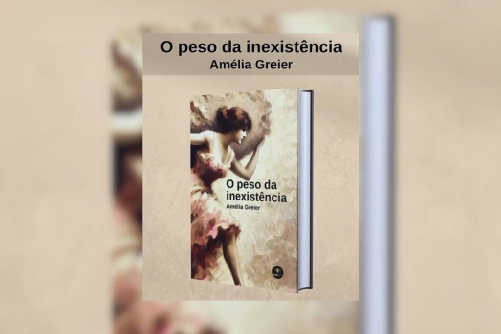 Capa do livro "O peso da inexistência", com a ilustração de uma mulher sobre um fundo bege 