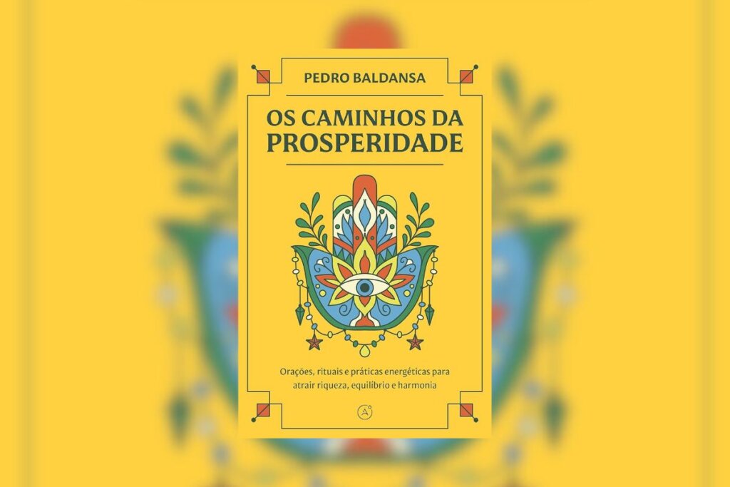 Capa do livro "Os caminhos da prosperidade", na cor amarela e com o desenho de uma mão grega colorida 