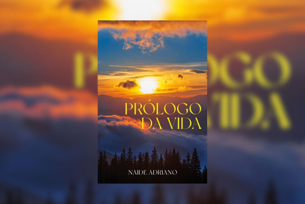 Capa do livro "Prólogo da Vida", com a imagem do pôr do sol ao fundo e o nome do livro em amarelo no centro 