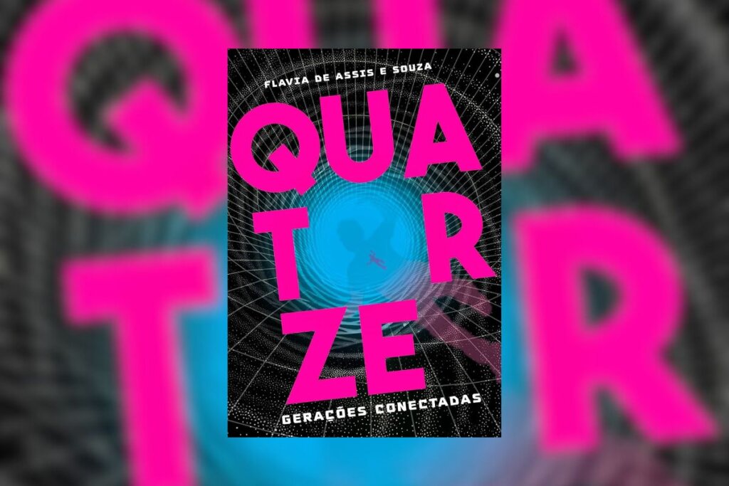 Capa do livro "Quatorze - Gerações conectadas", na cor preta, com um círculo azul no centro e o nome em rosa ao redor 